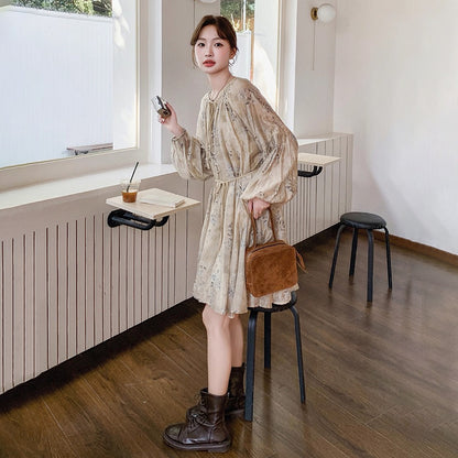 【ワンピース】ぼかし花柄ウエストマーク 長袖ワンピース レディース 春秋  リゾート風 フレンチ 【SHシリーズ】