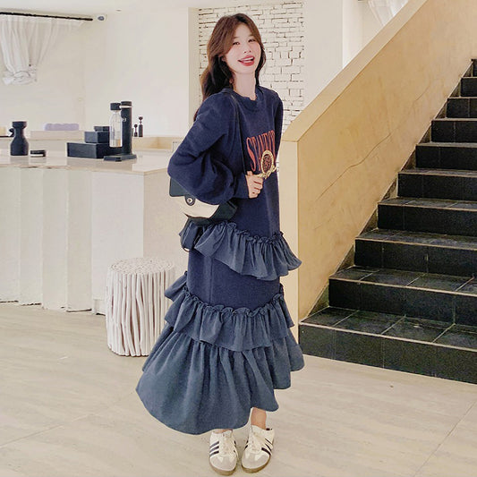 【ワンピース】フリル 長袖ワンピース レディース ミディアム丈 フレンチデザイン カジュアル＆フェミニン スウェットワンピ【SHシリーズ】