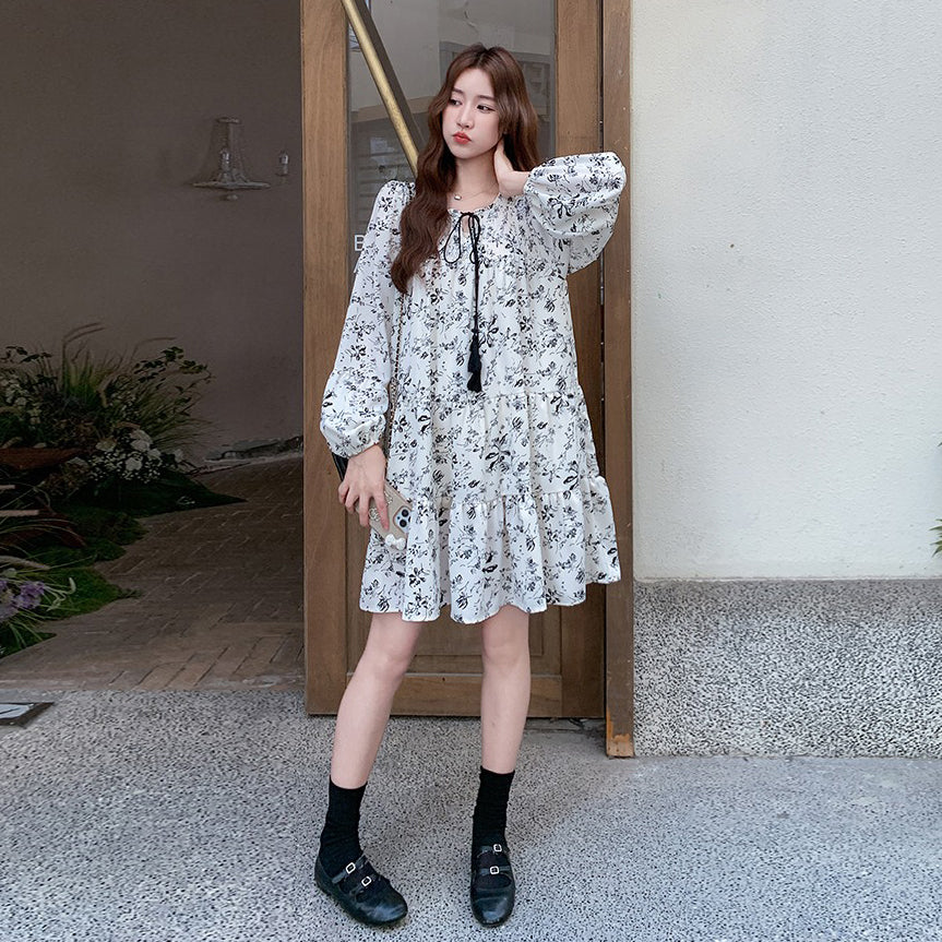 【ワンピース】花柄 ミニ丈 長袖ワンピース 春夏秋 体型カバー 細見え 着回し万能【SHシリーズ】