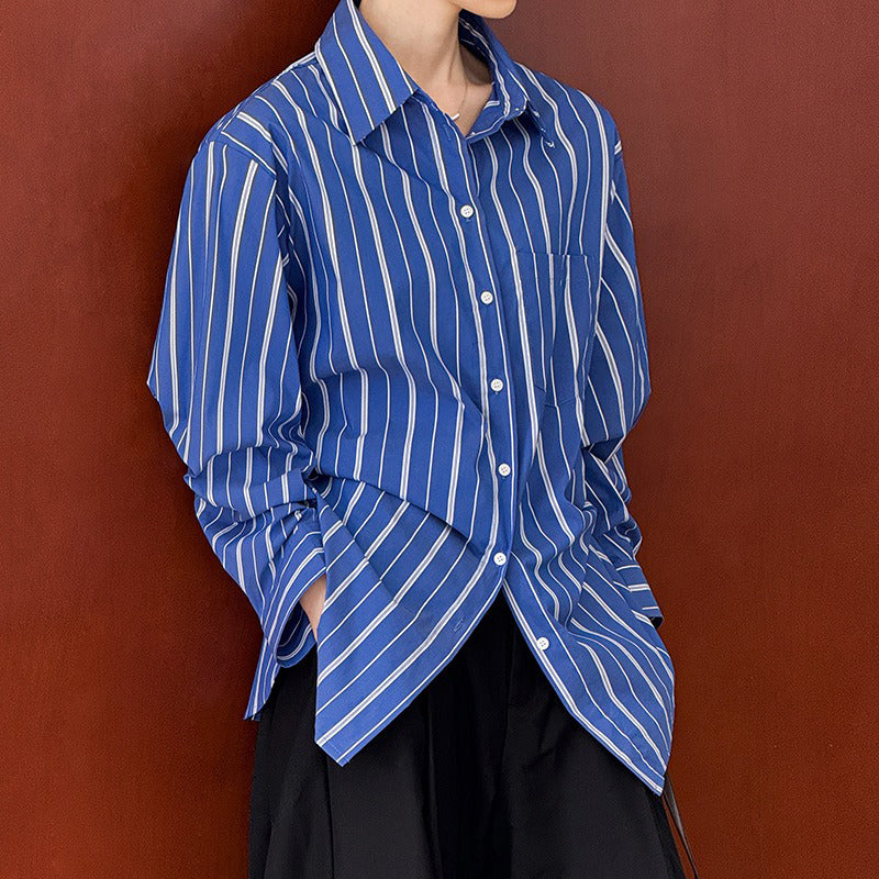 【トップス】秋先取り 韓国風ナチュラル ブルーストライプ ゆったりシャツ【JZシリーズ】