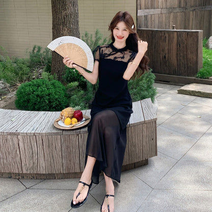 【ワンピース】チャイナ風ブラックメッシュ切替ワンピース レディース 夏新作 スリム見え きれいめ 上品 フェイクレイヤード 半袖 ロングワンピース【JZシリーズ】