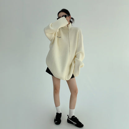 【トップス】ゆる感◎斜めジップ ニット・セーター レディース 重厚でおしゃれなデザイン【FCシリーズ】