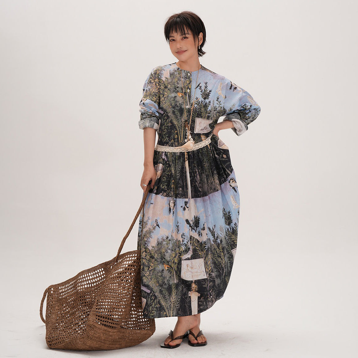 【ワンピース】レディース ワンピース 長袖 切り替えデザイン 大きめシルエット 体型カバー 上品 カジュアル 春夏【SHシリーズ】【15～20日内発送】