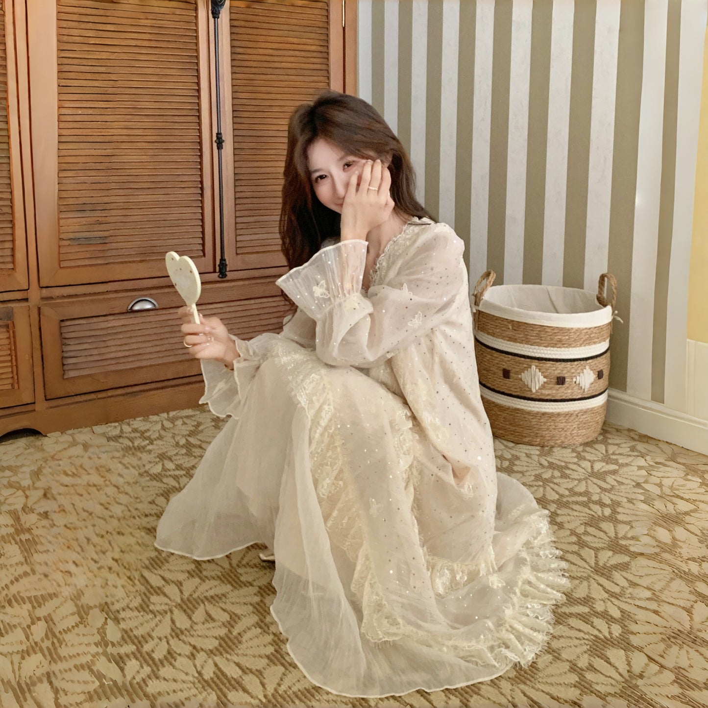 【ワンピース】フランス風 レース 切り替えし 高級感 上品 ピコット 長袖ワンピース【JZシリーズ】