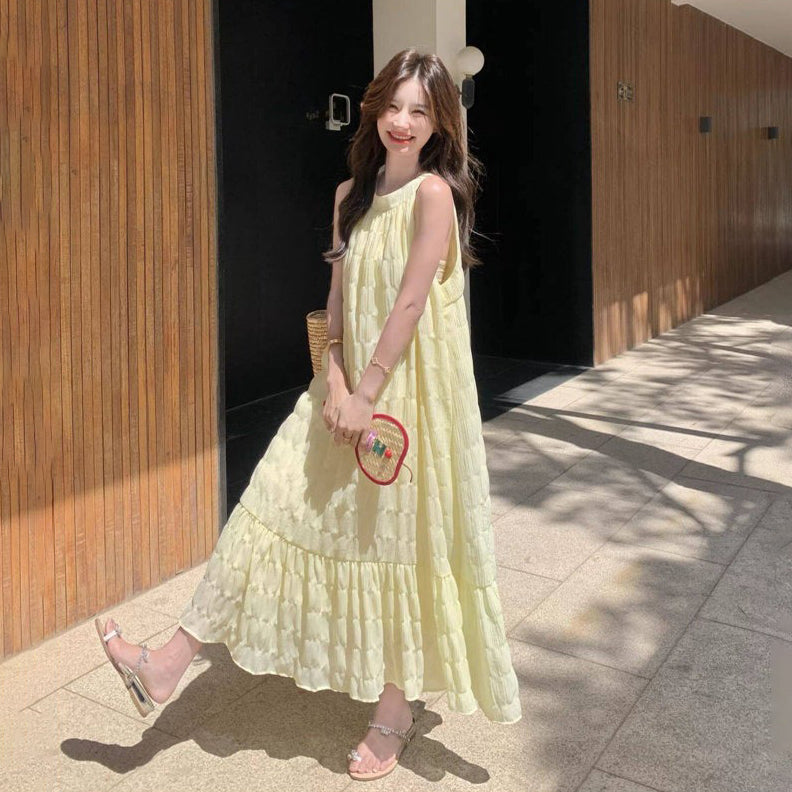 【ワンピース】大人可愛い イエローワンピース レディース 夏 デザインワンピース フィッシュテール ゆったり 上品ロング丈【JZシリーズ】