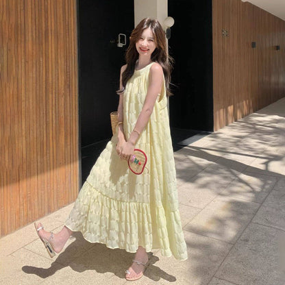 【ワンピース】大人可愛い イエローワンピース レディース 夏 デザインワンピース フィッシュテール ゆったり 上品ロング丈【JZシリーズ】