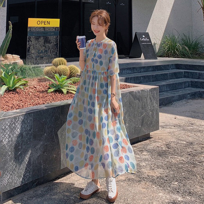 【ワンピース】【10～15日内発送】夏新作 やや透け感 ゆったりシルエット 体型カバー 冷淡系ドット柄 半袖ワンピース【SHシリーズ】