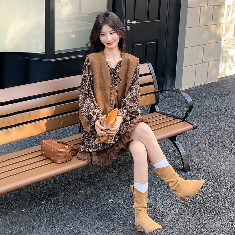 2点セット！【セットアップ】フレンチレトロ メラード 秋新作 おしゃれ  花柄 長袖ワンピース+ベスト セット【SHシリーズ】