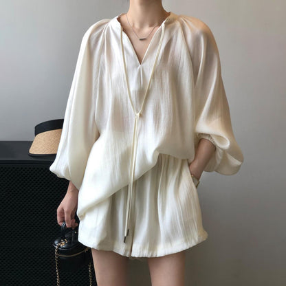 【セットアップ】🌞夏新作 レディース 日焼け対策 シャツ＋ワイドショートパンツ 2点上下セット カジュアル 上品見え 若見え【JZシリーズ】