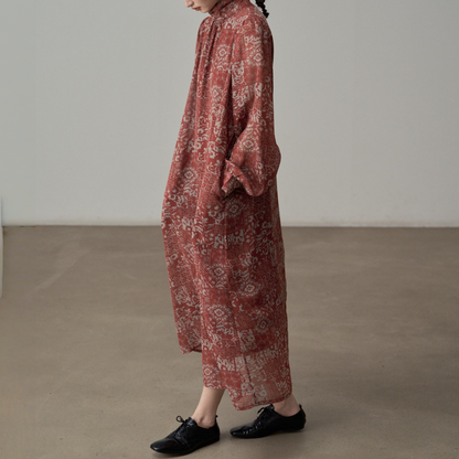 【ワンピース】小立ち襟 シフォン プリント フェミニン 長袖 ワンピース【SHシリーズ】