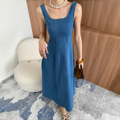 【ワンピース】夏 エレガント スクエアネック デニム ノースリーブ ワンピース 【SNシリーズ】