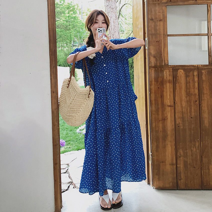 【ワンピース】ドーパミン  小花柄ドット Vネック 半袖ワンピース レディース 夏 リラックス感 シフォンロングドレス【SHシリーズ】