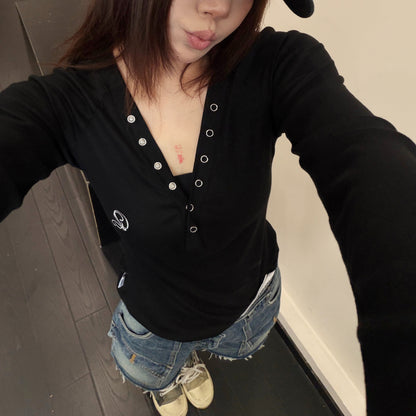 【トップス】韓国風フィットロンT レディース ストレッチ Vネック カットソー 秋冬インナー 長袖Tシャツ【FCシリーズ】
