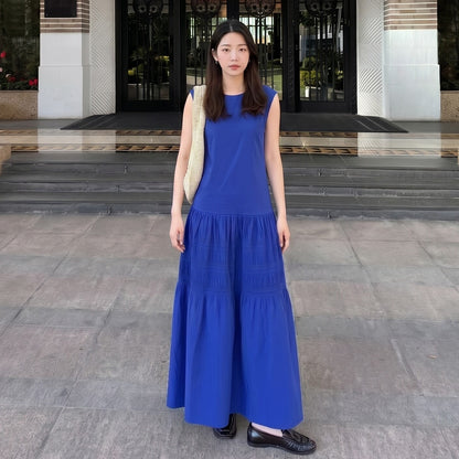 【ワンピース】ワンピース 夏 フレンチレトロ クラインブルー ノースリーブ キャミ ティアード ロング丈 ゆったり レディース【JZシリーズ】【30~35日内発送】