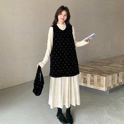 【ワンピース】フレンチ風ドット柄ベロア切替ワンピース レディース 春 ノースリーブ 大人フェミニン レイヤード風 ロング丈【JZシリーズ】