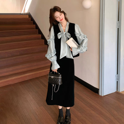 2点セット！【セットアップ】フレンチレトロ リボンブラウス＆スカート 上下セット 2026春新作 上品 レディース【JZシリーズ】