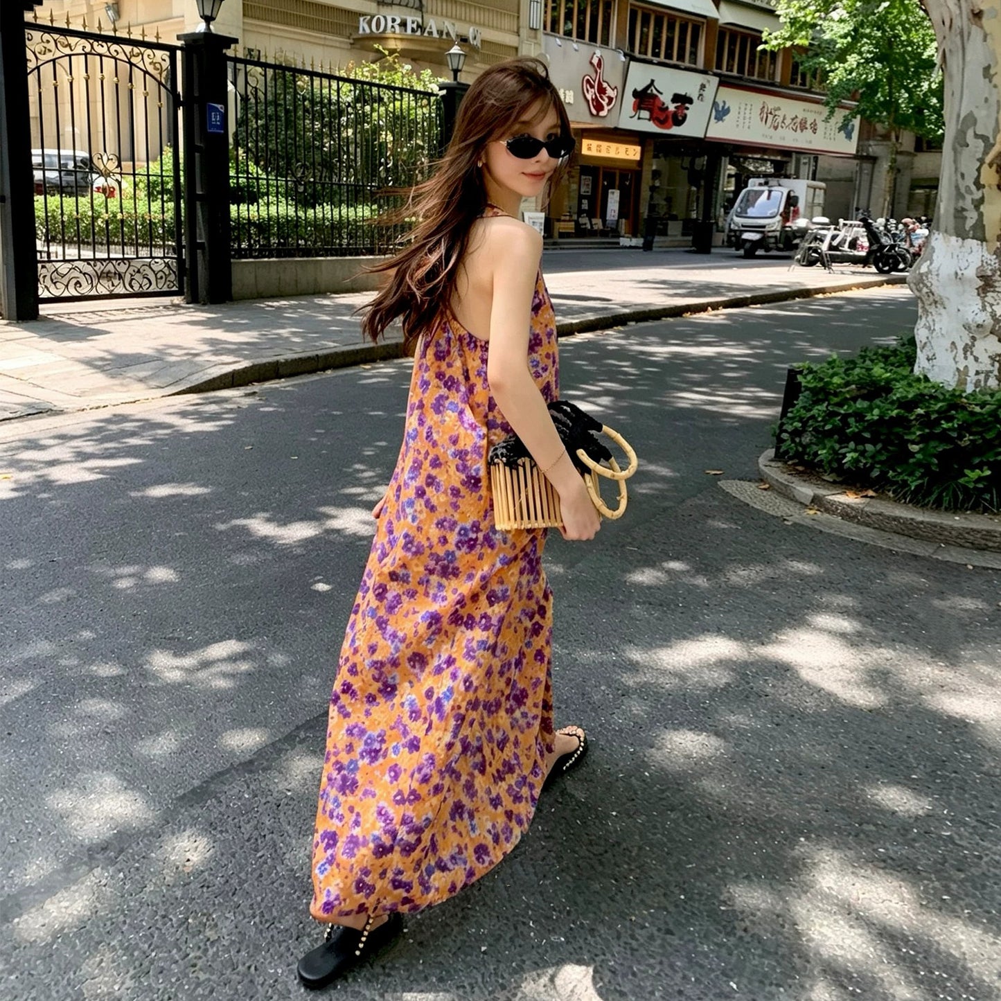 【ワンピース】韓国風 花柄ワンピース レディース ノースリーブ リラックスシルエット きれいめロング丈【SHシリーズ】