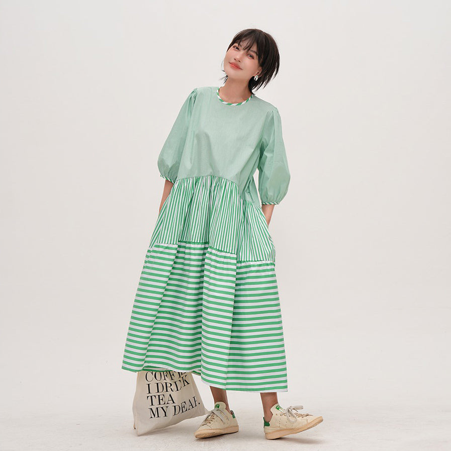 【ワンピース】 夏新作 グリーン切り替え ストライプ ゆったり 半袖ワンピース 着痩せ効果 ラウンドネックロングドレス 【JZシリーズ】【SHシリーズ】