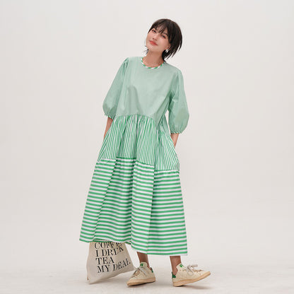 【ワンピース】 夏新作 グリーン切り替え ストライプ ゆったり 半袖ワンピース 着痩せ効果 ラウンドネックロングドレス 【JZシリーズ】【SHシリーズ】