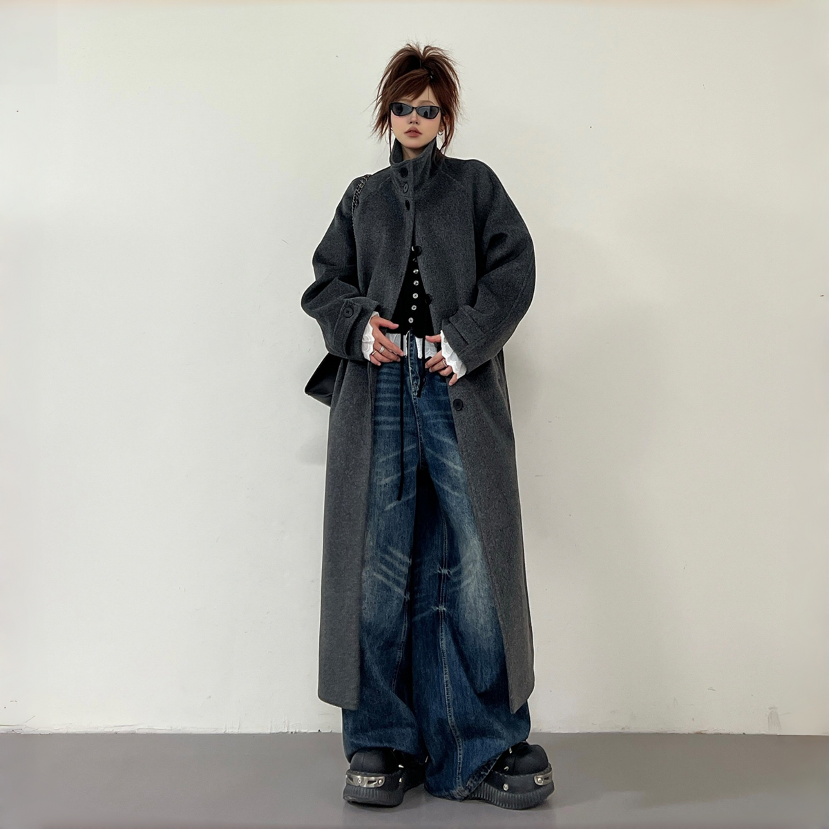 【アウター】秋冬 新作 韓国系 高級感 上品 スタンドネック ベルト付き コート【FCシリーズ】