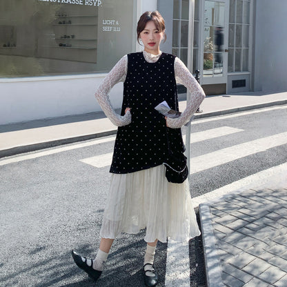 2点セット【セットアップ】フレンチ 高級感 ドット柄  セットアップ 2026春新作 レース切替 キャミワンピース＆インナーレディース【SHシリーズ】