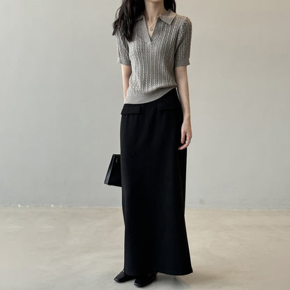 【トップス】ヴィンテージケーブル編みポロニット 半袖Tシャツ レディース 秋 Vネック スリムショート丈トップス【JZシリーズ】