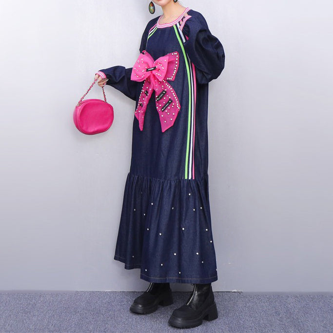 【ワンピース】デザイン感 2026春新作 レディース デニムワンピース リボン＆ビーズ装飾 ゆったりシルエット 着痩せ ロング丈 ファッション 長袖ワンピース
【SHシリーズ】