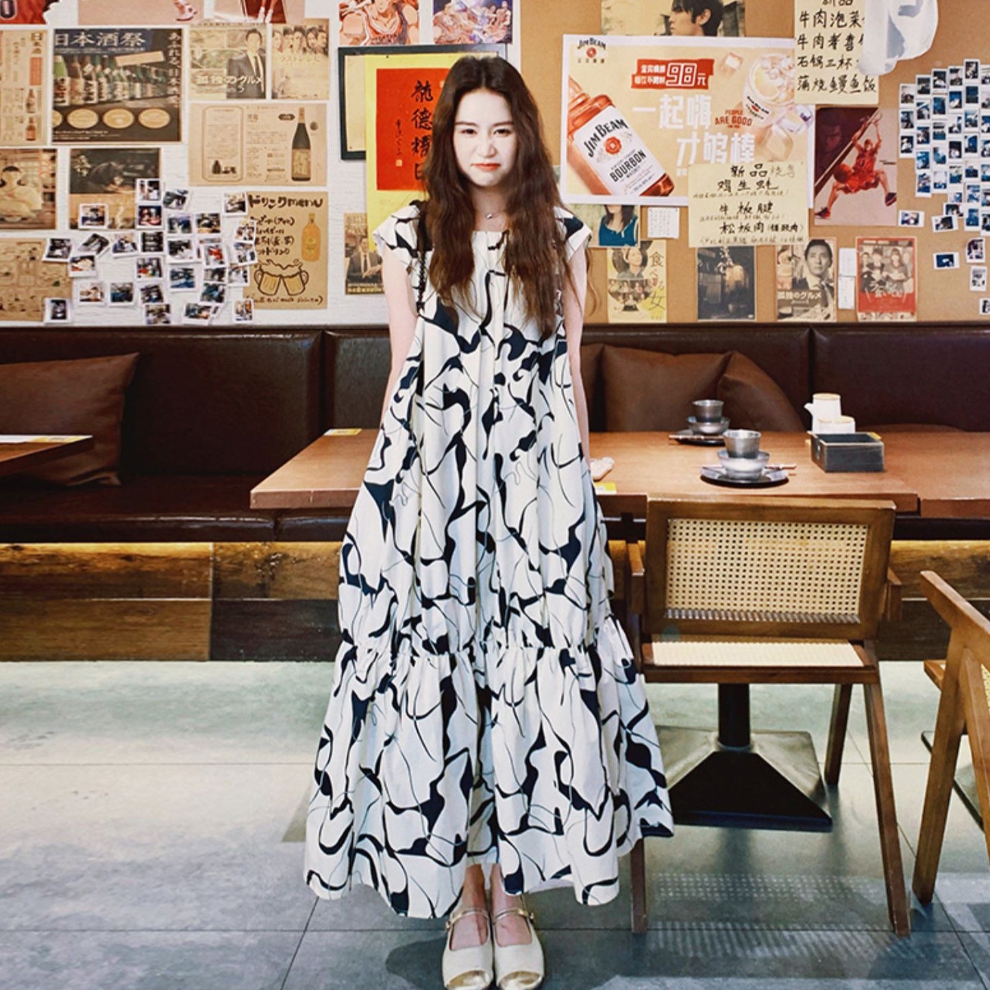 【ワンピース】夏新作 水墨風グラデーション ワンピース レトロ ゆったりノースリーブロングドレス 体型カバー着痩せ【SHリーズ】