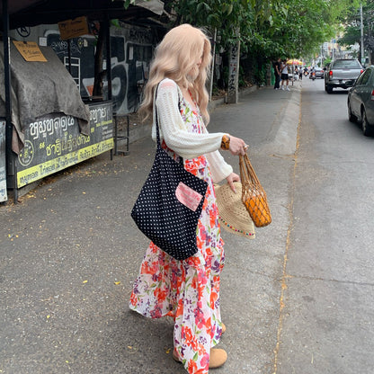 【ワンピース】夏 涼しげ 通気性 Vネック フリル付き 花柄 ノースリーブ キャミワンピース【SHシリーズ】