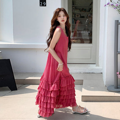 【ワンピース】夏 韓国系 気質 ケーキスカート フィリピンピンク ノースリーブ ワンピース