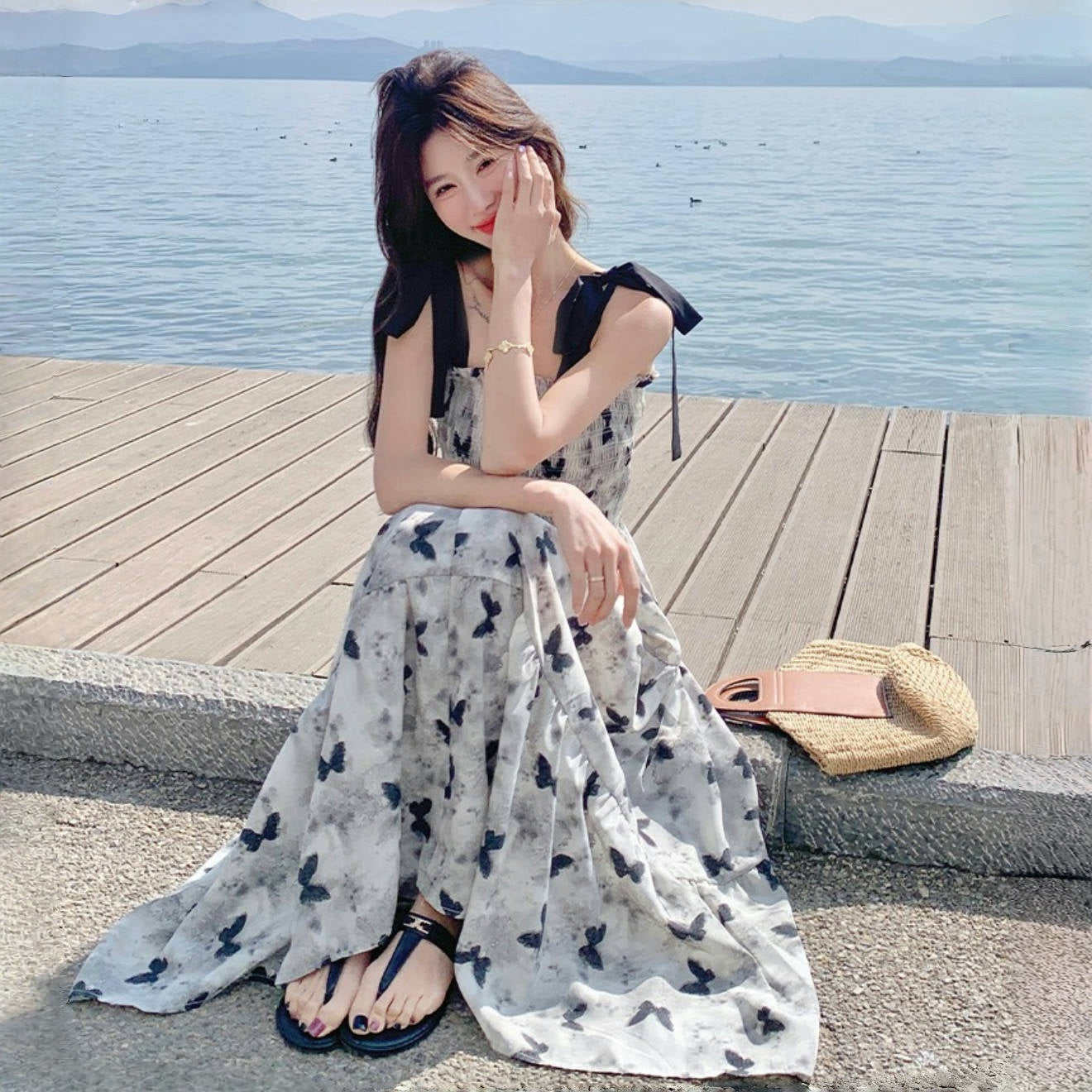 【ワンピース】夏 優しくかわいらしい 水墨蝶柄 カラーブロック ノースリーブワンピース【SHシリーズ】