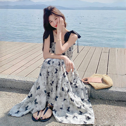 【ワンピース】夏 優しくかわいらしい 水墨蝶柄 カラーブロック ノースリーブワンピース【SHシリーズ】