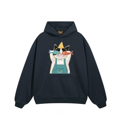 【トップス】🐱アメリカンストリート猫プリントパーカー ユニセックス コットン オーバーサイズ 秋冬コーデ【FCシリーズ】