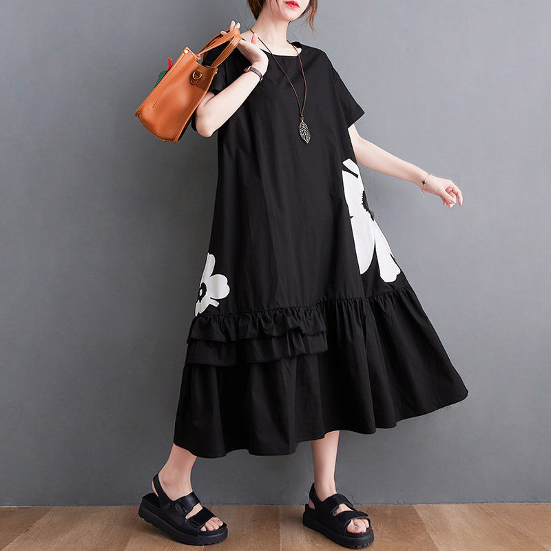 【ワンピース】大きいサイズ 花柄ワンピース レディース 夏 フリル切替 ゆったり フレア ミディ丈 体型カバー【AHシリーズ】