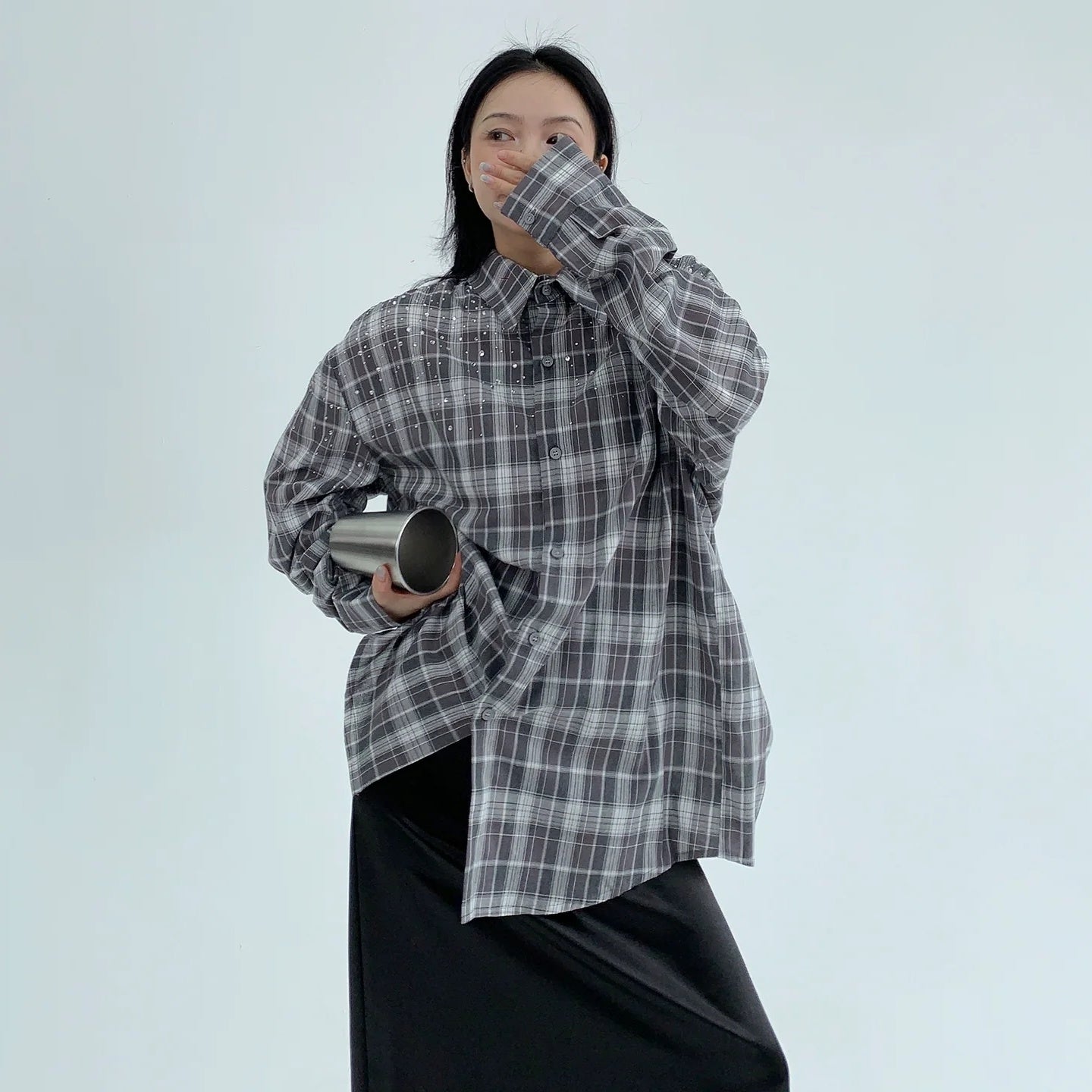 【トップス】春 秋 冬 レトロ ラインストーン チェック 長袖シャツ  【FCシリーズ】