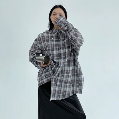 【トップス】春 秋 冬 レトロ ラインストーン チェック 長袖シャツ  【FCシリーズ】