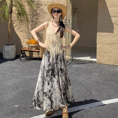 【ボトムス】ハイウエスト レトロ水墨柄 フレアロングスカート Aライン シフォンスカート【SHシリーズ】