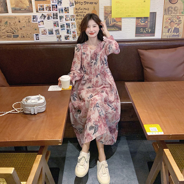 【ワンピース】ロマンチック フレンチ ピンク 小花柄 ワンピース 春夏秋 細見え 若見え 上品 長袖 ドレス【SHシリーズ】