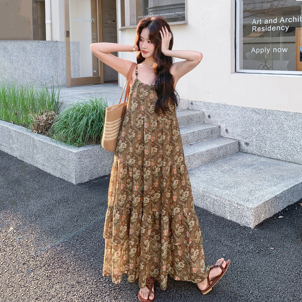 【ワンピース】夏新作 フレンチエレガンス 花柄 ノースリーブ キャミワンピース旅行 リゾート 海辺映え ロングドレス【SHシリーズ】