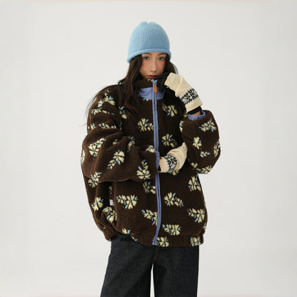 【アウター】レトロ 花柄 厚手 ゆったり スタンドネック ポーラーフリース ジャケット【FCシリーズ】