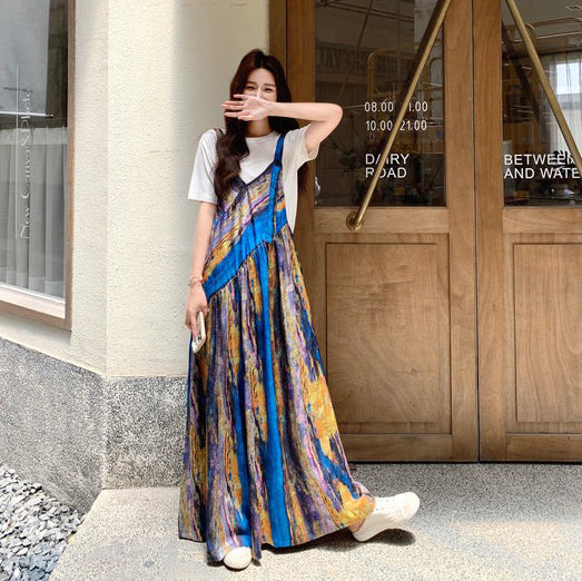 【ボトムス】夏 フレンチバカンス風 タイダイ油絵プリント オールインワン【SHシリーズ】