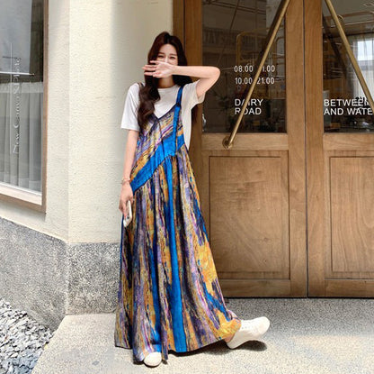 【ボトムス】夏 フレンチバカンス風 タイダイ油絵プリント オールインワン【SHシリーズ】