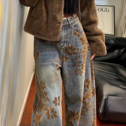 【ボトムス】レトロ ジャカード プラスサイズ 合わせやすい ワイドパンツ【FCシリーズ】【SHシリーズ】