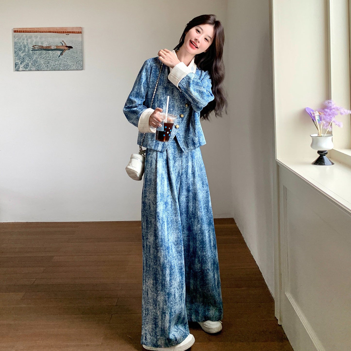 2点セット！【セットアップ】この配色、かっこよすぎる…💙 タイダイ柄ジャケット風トップス×ワイドパンツ 上下セット 春コーデ 体型カバーも叶う【SHシリーズ】