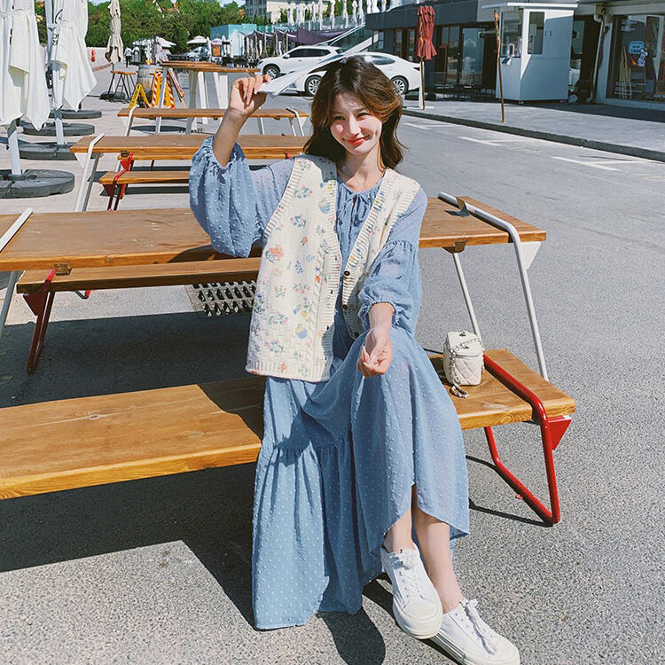 2点セット！【セットアップ】ベスト重ね着風 ロングワンピース 2点セット 春秋 韓国スタイル フレッシュ可愛い 学院風【SHシリーズ】
