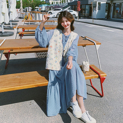 2点セット！【セットアップ】ベスト重ね着風 ロングワンピース 2点セット 春秋 韓国スタイル フレッシュ可愛い 学院風【SHシリーズ】