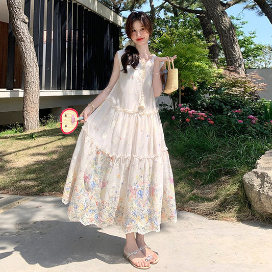 【ワンピース】スイート系 小花柄 ノースリーブ ワンピース 夏 上品 細見え タンク ロングドレス【SHシリーズ】