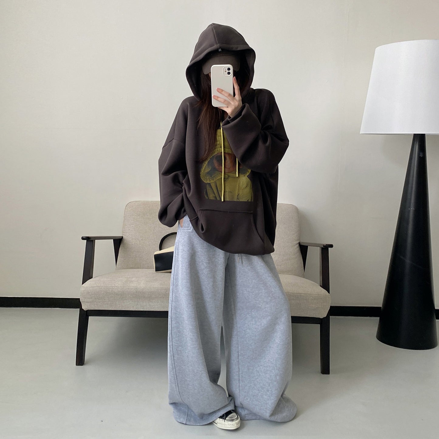 【トップス】ゆるシルエット グリーングレー カートゥーンプリント プルオーバーパーカー【FCシリーズ】