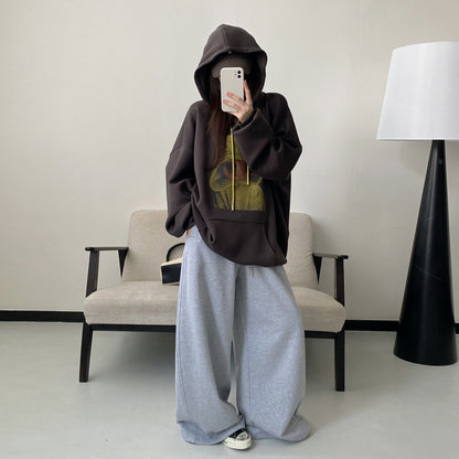 【トップス】ゆるシルエット グリーングレー カートゥーンプリント プルオーバーパーカー【FCシリーズ】