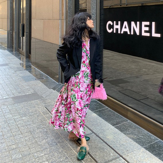 【ワンピース】春夏新作 レッド花柄 ゆったり Vネック 長袖ワンピース【SHシリーズ】